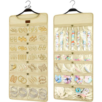 SMRITI Hanging Jewelry Organizer with Dual Zippered Pockets Canvas Double Sided Rotating Hanger Necklace Hanging Wall Organizer Earring Dustproof Holder Wall Mount Accessories Display Bag(Beige) - color: Beige