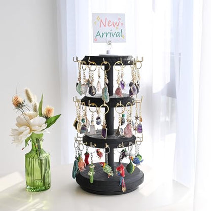 MOOCA 3-Tier Rotating Bracelet Display Stand with 42 Hooks, Jewelry Holder | 3-tier rotating wooden display with 42 hooks keeps bracelets, bangles, watches, and accessories organized and visible. - color: Black, Round Shape