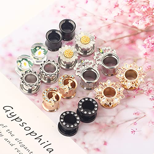 Suotarn 8 Pairs Ear Gauges For Women Black Internally Flare Earrings Plugs Gauges For Ear Stainless Steel Plug Tunnel Piercing Stretcher Kit 00g 0g-5/8'' inch - color: 10mm=00g