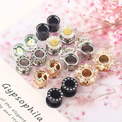 Suotarn 8 Pairs Ear Gauges For Women Black Internally Flare Earrings Plugs Gauges For Ear Stainless Steel Plug Tunnel Piercing Stretcher Kit 00g 0g-5/8'' inch - color: 10mm=00g