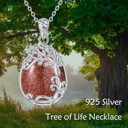 YAFEINI 925 Sterling Silver Moonstone Necklace Filigree Teardrop Pendant Necklace Jewelry for Women Girls - color: JJ-Tree of Life Gold Sand Stone Necklace