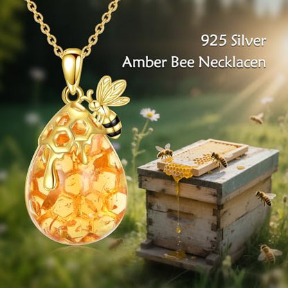 VONALA Gold Bee Pendant Necklace 925 Sterling Silver Bumblebee Jewelry Birthday Gifts for Women Daughter - style: Amber Bee