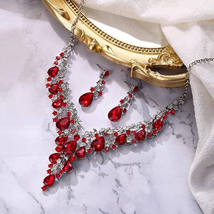 BriLove Women's Wedding Bridal Austrian Crystal Teardrop Flower Cluster Statement Necklace Dangle Earrings Jewelry Set for Party Prom - color: 2Pcs-Ruby Color Silver-Tone