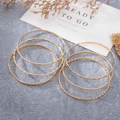 6 Pcs Gold Plated Bracelet Set for Women: Bangles, Cuffs & Dainty Chains | 14K Mixed Stackable Bracelets for Layered Look, Complete Jewelry Collection Gift - color: Color1