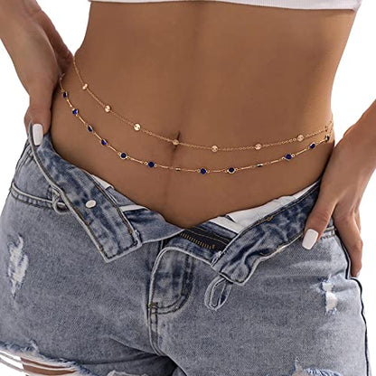 Sexy Multi-Layered Waist Chain Bikini Bead Belly Chain Summer Sequin Waist Chain Beach Crystal Waist Body Chain for Women - color: Blue