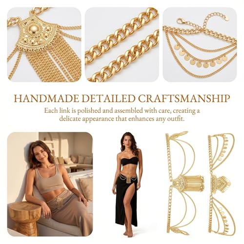 BRBASAP 2 PCS Belly Dancer Waist Chain Vintage Layered Gold Silver Tone Body Jewelry Egyptian Beaded Belt for Women Dancing Beach Bikini Dress Accessories