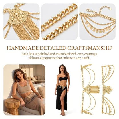 BRBASAP 2 PCS Belly Dancer Waist Chain Vintage Layered Gold Silver Tone Body Jewelry Egyptian Beaded Belt for Women Dancing Beach Bikini Dress Accessories