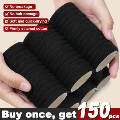 IKOCO 150PCS Black Hair Ties for Women, No Damage, Cotton Ponytail Holders | Value Pack, Seamless Elastic, No Pull/Snag/Breakage, No Crease, Durable Hold, for Thick & Curly Hair - color: Black