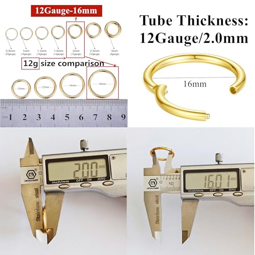 ORANGELOVE Hypoallergenic Nose Rings 20G 18G 16G 14G 12G 10G 8G 316l Surgical Steel Septum Jewelry Hinged Segment Ring Body Piercing Nose Hoop Lip Rings Nose Helix Cartilage Rook Earrings - color: Gold, size: 1pc 12 Gauge 16mm