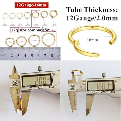 ORANGELOVE Hypoallergenic Nose Rings 20G 18G 16G 14G 12G 10G 8G 316l Surgical Steel Septum Jewelry Hinged Segment Ring Body Piercing Nose Hoop Lip Rings Nose Helix Cartilage Rook Earrings - color: Gold, size: 1pc 12 Gauge 16mm