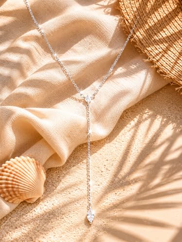 14K Gold Plated Layered Lariat Necklace for Women - Waterproof Non-Tarnish Dainty Gold Chain Necklace, Long Boho Statement Jewelry for Wedding, Prom, Summer Vacation Gifts - color: Two CZ Y Necklace-Silver