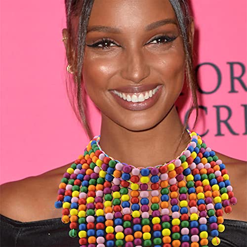 Coiris Boho African Wooden or Acrylic Beaded Bib Statement Necklace Strands Layered Cluster Chunky Collar Choker Wood Necklace for Women Fashion Costume Jewelry - color: Rainbow