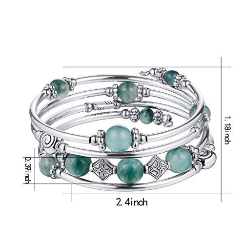 Beaded Pearl Bangle Wrap Bracelet - Fashion Bohemian Jewelry Multilayer Charm Bracelet with Thick Silver Metal Beads, Gift For Women - color: Jade Green