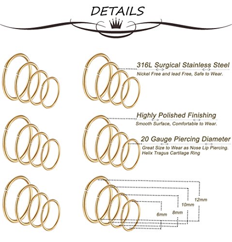 24Pcs 20G 316L Stainless Steel Nose Rings Hoop Tragus Cartilage Helix Piercing Lip Septum Ring 6-12MM Bendable - color: C: 24Pcs Gold