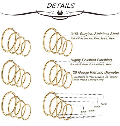 24Pcs 20G 316L Stainless Steel Nose Rings Hoop Tragus Cartilage Helix Piercing Lip Septum Ring 6-12MM Bendable - color: C: 24Pcs Gold