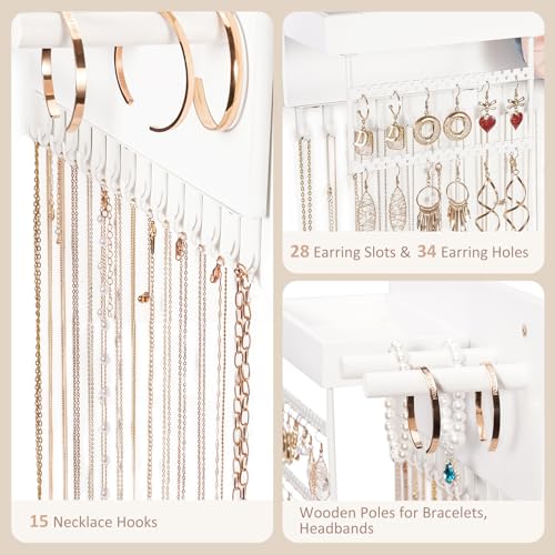 Lolalet Wall Mounted Hanging Jewelry Organizer, 15 Hooks Wooden Necklaces Holder with Storage Shelf, Easy Install Earrings Bracelets Hanger -White - color: White