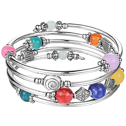 Beaded Pearl Bangle Wrap Bracelet - Fashion Bohemian Jewelry Multilayer Charm Bracelet with Thick Silver Metal Beads, Gift For Women - color: Colorful