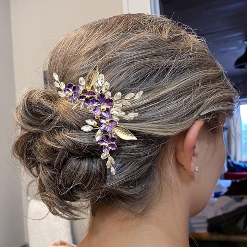 Purple Flower Hair Comb for Bride Crystal Gold Metal Leaf Floral Hair Pieces Accessories for Wedding Prom