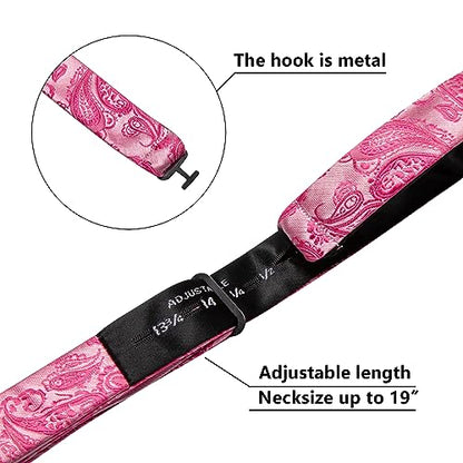 YOHOWA Bow Ties for Men Self-tied Silk Bowtie Solid Color with Lapel Pin and Handkerchief Cufflinks for Wedding Party Prom - color: Hot Pink Paisley