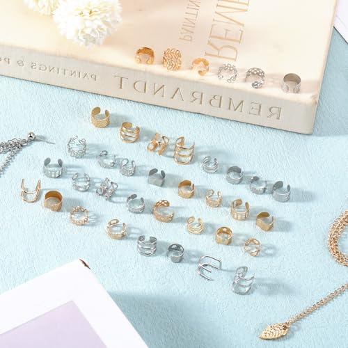 60 Pcs Non Piercing Ear Cuffs Earrings Women Ears Clip on Cartilage Earring Adjustable Fake Earrings Ear Wrap Earring Jewelry for Helix Cartilage, Silver Gold