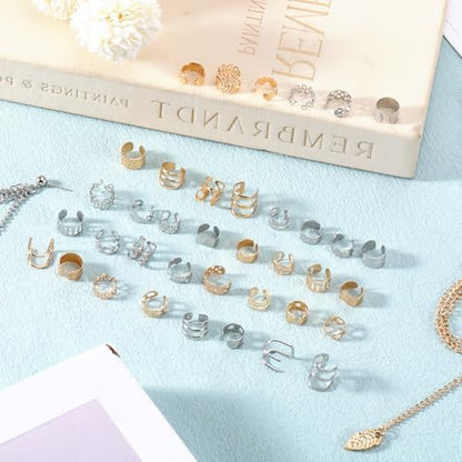 60 Pcs Non Piercing Ear Cuffs Earrings Women Ears Clip on Cartilage Earring Adjustable Fake Earrings Ear Wrap Earring Jewelry for Helix Cartilage, Silver Gold