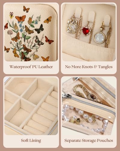 Bistup Travel Jewelry Case - Small Jewelry Organizers and Storage Box for Women Girls Teens Cute Traveling Jewelry Holder with Mirror Little Tiny Compact Flower Modern Unique Aesthetic Pretty - style: Buttefly Flower