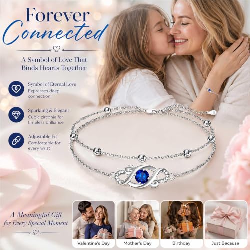 Dorunmo Birthstone Infinity Love Bracelet for Women 925 Sterling Silver Sparkling Gemstone Double Layered Adjustable Bracelets Birthday Jewelry Gifts for Mom Women - color: 09-Sep-Sapphire