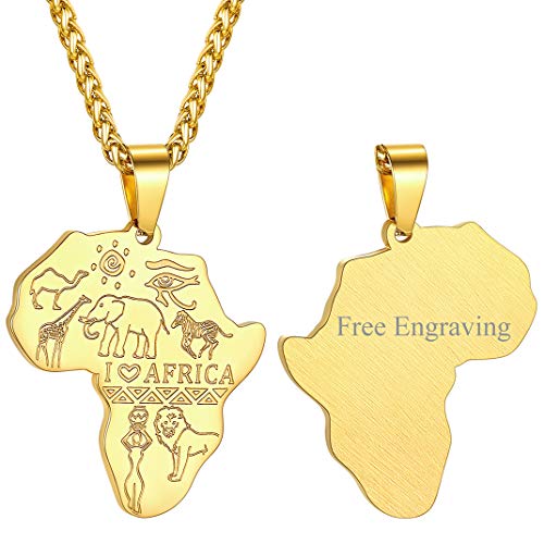 GOLDCHIC JEWELRY Africa Map Necklace for Men, Stainless Steel African Tribal/Egyptian Eye of Horus/I LOVE AFRICA/Elephant Map Hiphop Jewelry Unisex with 22'+2'Adjustable Chain - color: Animals - Gold, style: Personalised Engraving