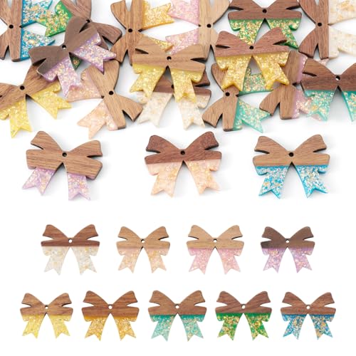 Beadthoven 18Pcs/9 Pairs Glittery Resin Wood Earrings Pendants, Iridescent Bowknots Charms Wood Earrings Making kit Boho Vintage Wooden Earring Blanks Pieces for Jewelry Making DIY Crafts - color: Bow