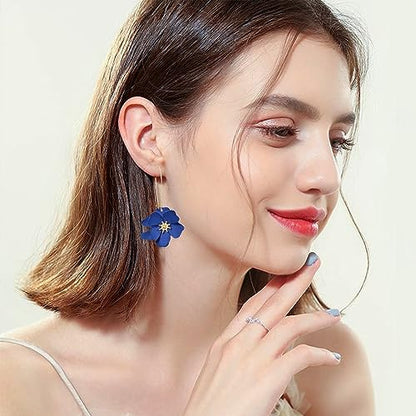 Bohemian Daisy Flower Matte Floral Long Petal Drop Dangle Earrings Layered Tiered for Women Chic Boho Wedding Jewelry - color: Dark Blue
