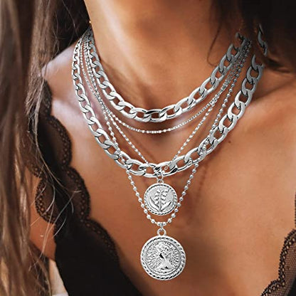 MJartoria Gold Layered Necklaces for Women Trendy Retro Birthflower Coin Pendant Necklace Dainty Chunky Chain Choker Necklaces for Jewelry Birthday Gifts - color: Silvery, style: May Birthflower-Lily