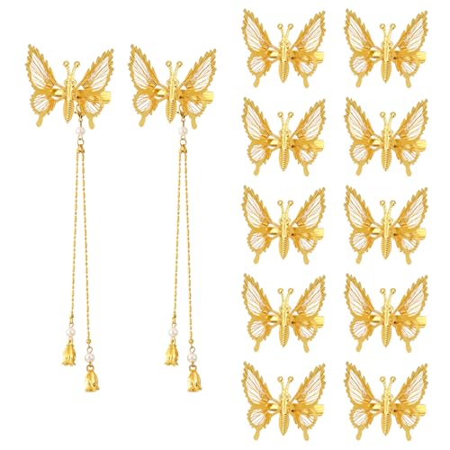 DEEKA 12 PCS 3D Moving Gold Butterfly Hair Clips & Tassel Butterfly Clips Metal Moving Wings 90s Fairy Hair Accessories Decor for Women and Girls (Gold Clips&Tassel) - color: Gold Clips&Tassel