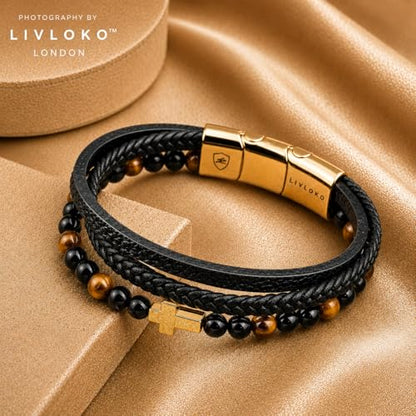 LONDON Mens Bracelet Leather Black Multi-Layer Stone Beads Adjustable Steel Clasp Viking Rope Bands Surfer Man Wristband Male UK Jewellery Gift box Boyfriend Dad Son Brother Tiger Eye - color: E. 19-22cm Black Brown Tiger-Eye Cross Adjustable, size: Small
