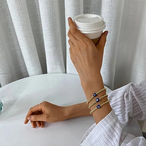 Fesciory Evil Eye Bracelet for Women, Gold Plated Adjustable Chain Jewelry | Blue Evil Eye Charm Bracelet, Lucky Amulet Symbolism, Dainty Adjustable Chain, Daily wear, Jewelry gifts - color: Gold-5