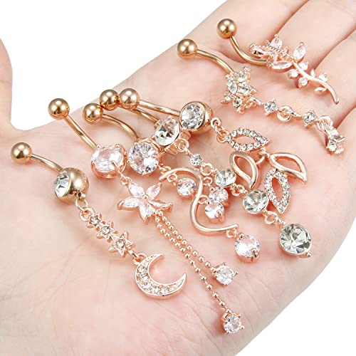7PCS 14G 10mm Stainless Steel Dangle Belly Button Rings for Women Belly Piercing CZ Inlaid - style: Rose Gold