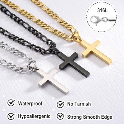 WEDDINEN Cross Necklace for Men Boys, Stainless Steel Layered Cross Pendant Cuban/Figaro Chains Christmas Jewelry Gifts - color: Black, size: 22in/24in