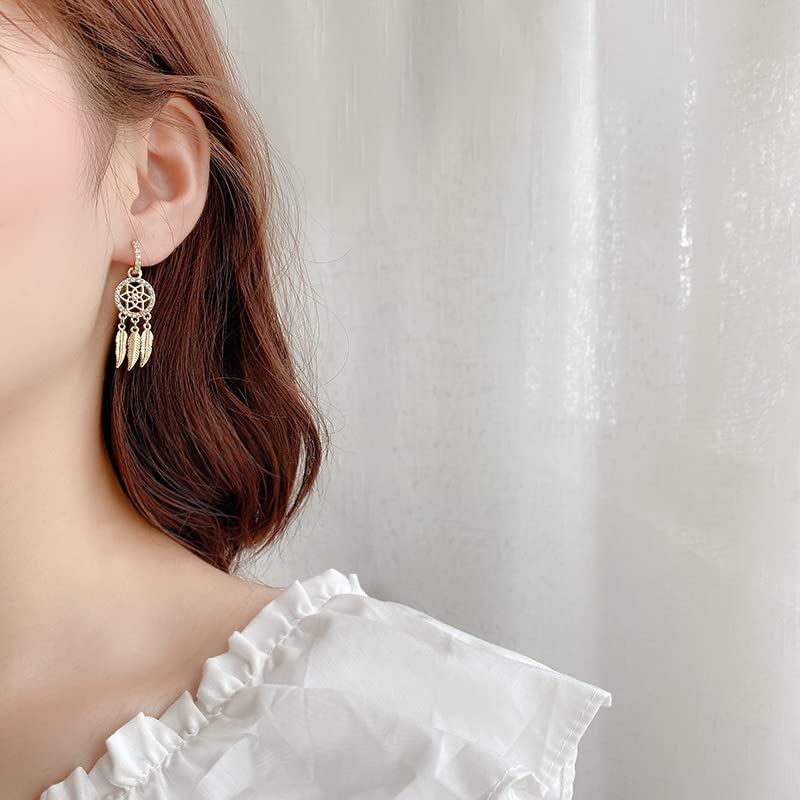 Dream Catcher Dangle Earrings for Women, Boho Feather Tassels Drop Earrings Geometric AAA Zircon Ear Jewelry