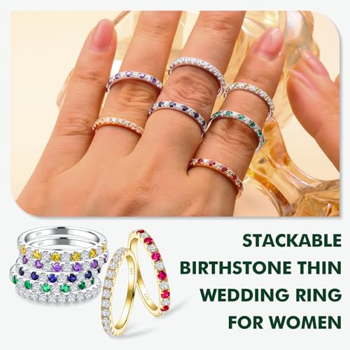 Birthstone Rings Eternity Band 925 Sterling Silver/Yellow Gold-Plated Created Gemstone Stackable Wedding Band 2.7mm Thin Half Eternity Rings for Women Size 6 to 10 - color: 11-Citrine-Nov.