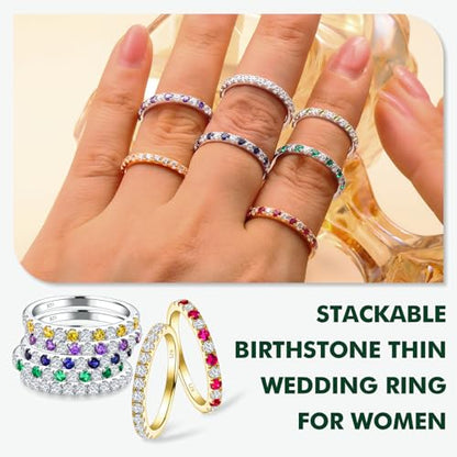 Birthstone Rings Eternity Band 925 Sterling Silver/Yellow Gold-Plated Created Gemstone Stackable Wedding Band 2.7mm Thin Half Eternity Rings for Women Size 6 to 10 - color: 11-Citrine-Nov.