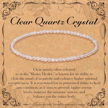BONNY BOXX Natural Genuine Gemstone Faceted Round Beads Bracelets, 3mm Adjustable Stretchy Tiny Faceted Black Tourmaline Bracelet, Healing Crystal Reiki Chakra Dainty Jewelry Fashion Gifts - color: Clear Quartz Crystal