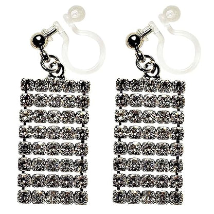 Dangle Silver Invisible Clip On Earrings for Women Not Pierced Gold Crystal Rhinestone Comfortable Hoop Fringe Long Chain Clip On Earrings - color: Rectangular Silver