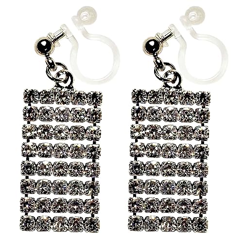 Dangle Silver Invisible Clip On Earrings for Women Not Pierced Gold Crystal Rhinestone Comfortable Hoop Fringe Long Chain Clip On Earrings - color: Rectangular Silver
