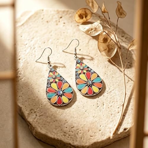 Colorful Green Teardrop Earrings for Women - Bohemian Style Enamel Dangle Earrings Lightweight Fashion Jewelry for Daily/Wedding/Party - color: yellow red blue