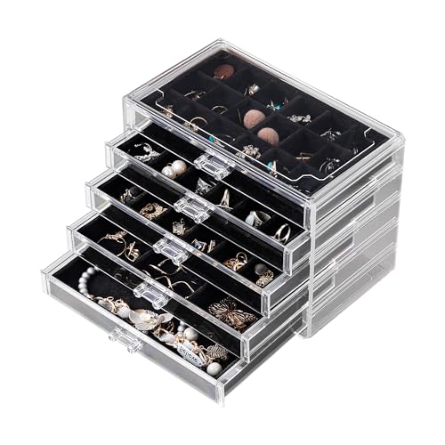 Acrylic Jewelry Box for Earring,Jewelry Organizer with 5 Drawers | 61 Jewelry Storage Grid for Rings Stud Bracelet,Transparent Appearance,Earring Holder Organizer for Women,Velvet Lining - color: Black