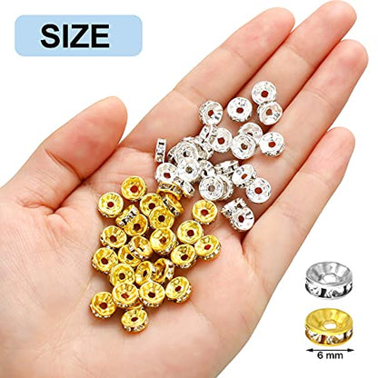 Hicarer 800 Pieces Round Rondelle Spacer Beads Crystal Rhinestone Loose Charm Beads for Jewelry Making(6 mm,Gold, Silver) - size: 6