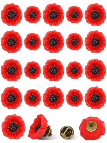JUNEBRUSHS 28 Pcs Memorial Day Poppy Flower Pins Resin Red Poppy Brooch Lapel Pin Lest We Forget Poppy Pins for Remembrance Veterans Day Wedding Home Garden Decoration (2 Size) - style: Poppy Flower Style