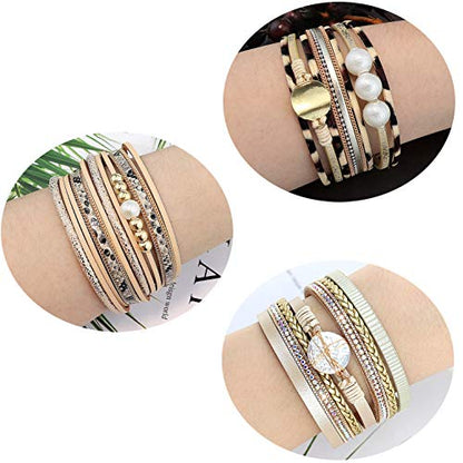 Wowanoo 3Pack Leather Cuff Bracelet Set Multilayer Wrap Bracelet Crystal Feather Tree Bracelet Magnetic Clasp Bracelet for Women - color: Pearl Khaki