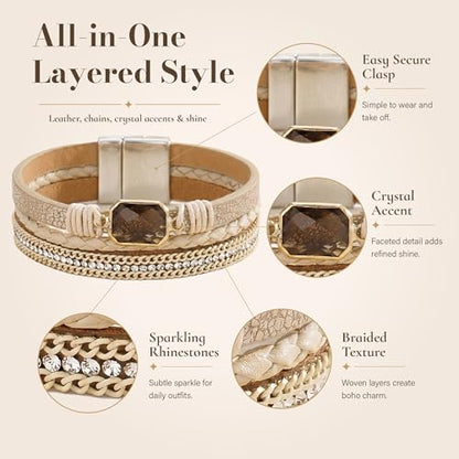 Fesciory Leather Wrap Bracelet for Women, Boho Western Layered Cuff Jewelry | Stackable Bracelets, Easy-On Clasp, Daily Wear, Pairs with Boho Western Outfits, Gift for Women - color: Beige1