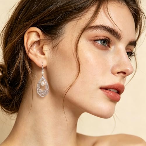 Crysdue Simulated Pearl Earrings for Women, Dainty Silver/Gold/Rose Gold Plated Cubic Zirconia Drop Dangle Earrings Wedding Jewelry for Bride Bridesmaid - style: V_CZ+Pearl, Silver
