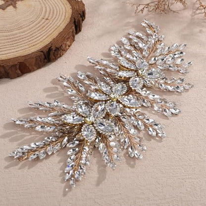 Teyglen Large Full Rhinestone Headband Flower Crystal Bride Wedding Headband Hair Vine Bridal Rhinestone Headpiece Wedding Hair Accessories for Women Party Prom (Golden) - color: Golden